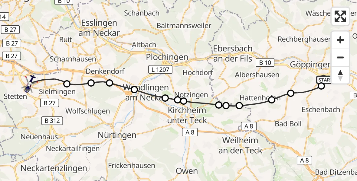 Flugroute Polizeihubschrauber Göppingen - Flughafen Stuttgart, 08 Juli 2026, 16:04