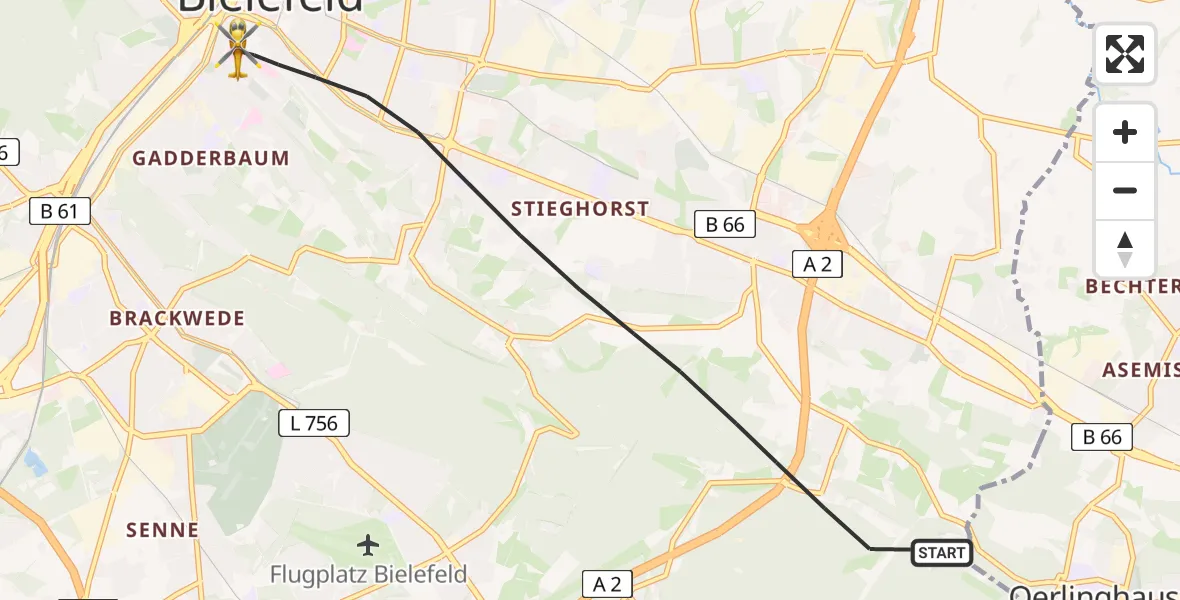 Flugroute Rettungshubschrauber Bielefeld - Bielefeld, 08 Juli 2026, 16:05