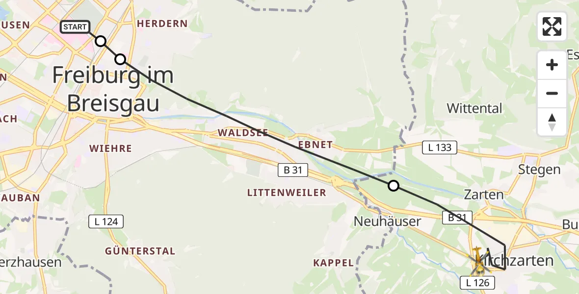 Flugroute Rettungshubschrauber Freiburg University Hospital Heliport 1 - Kirchzarten, 08 Juli 2026, 16:05