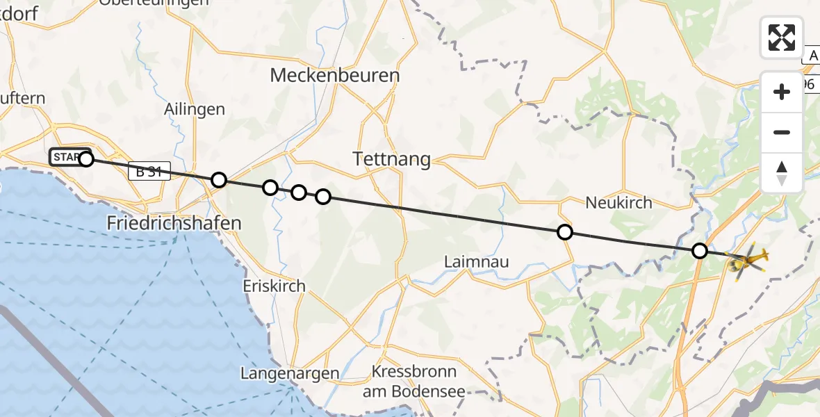 Flugroute Rettungshubschrauber Friedrichshafen Hospital - Wangen im Allgäu, 08 Juli 2026, 16:07