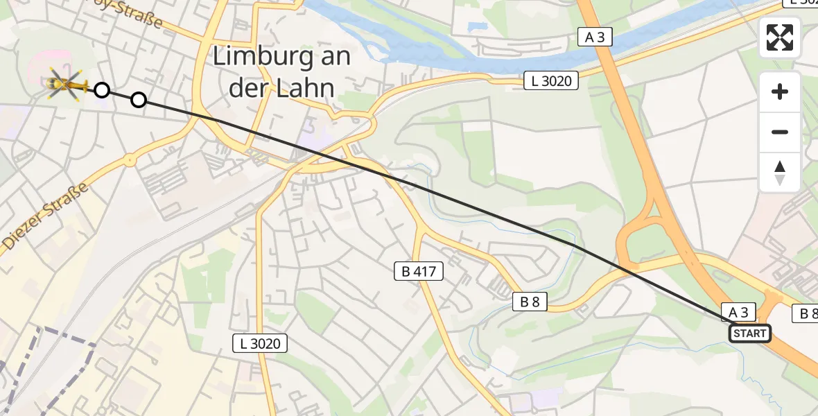 Flugroute Rettungshubschrauber Limburg a.d.Lahn - Saint Vincent Hospital Limburg, 08 Juli 2026, 16:13