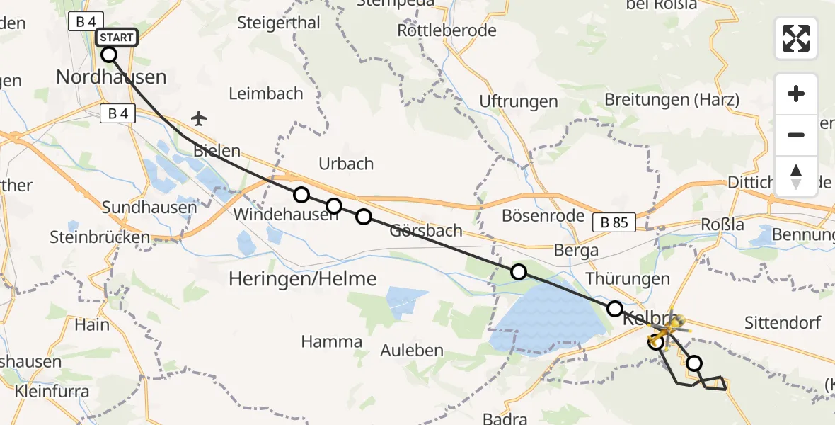 Flugroute Rettungshubschrauber Südharz Hospital Nordhausen - Kelbra (Kyffhäuser), 08 Juli 2026, 16:13