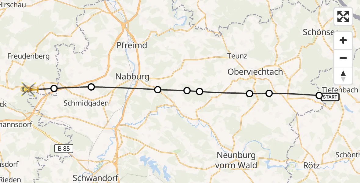 Flugroute Ambulanzhubschrauber Tiefenbach - Freudenberg, 08 Juli 2026, 16:17