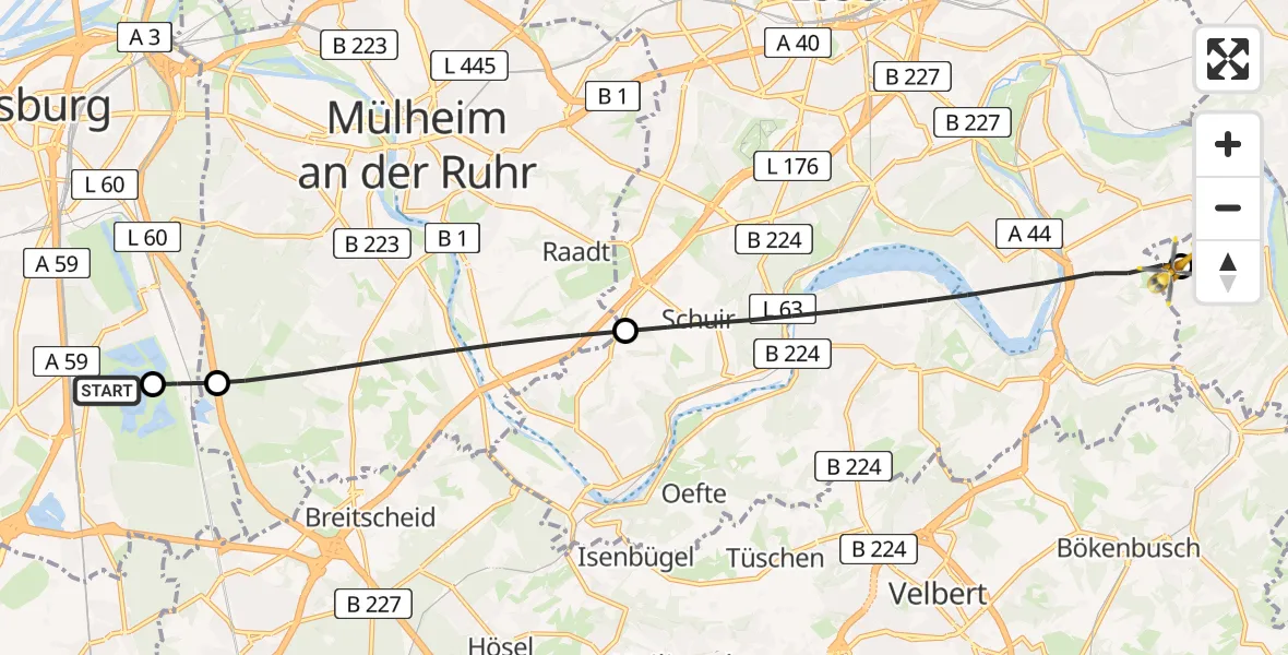 Flugroute Rettungshubschrauber Duisburg Air Rescue Hubschrauberlandeplatz (Christoph 9) - Hattingen, 08 Juli 2026, 16:19