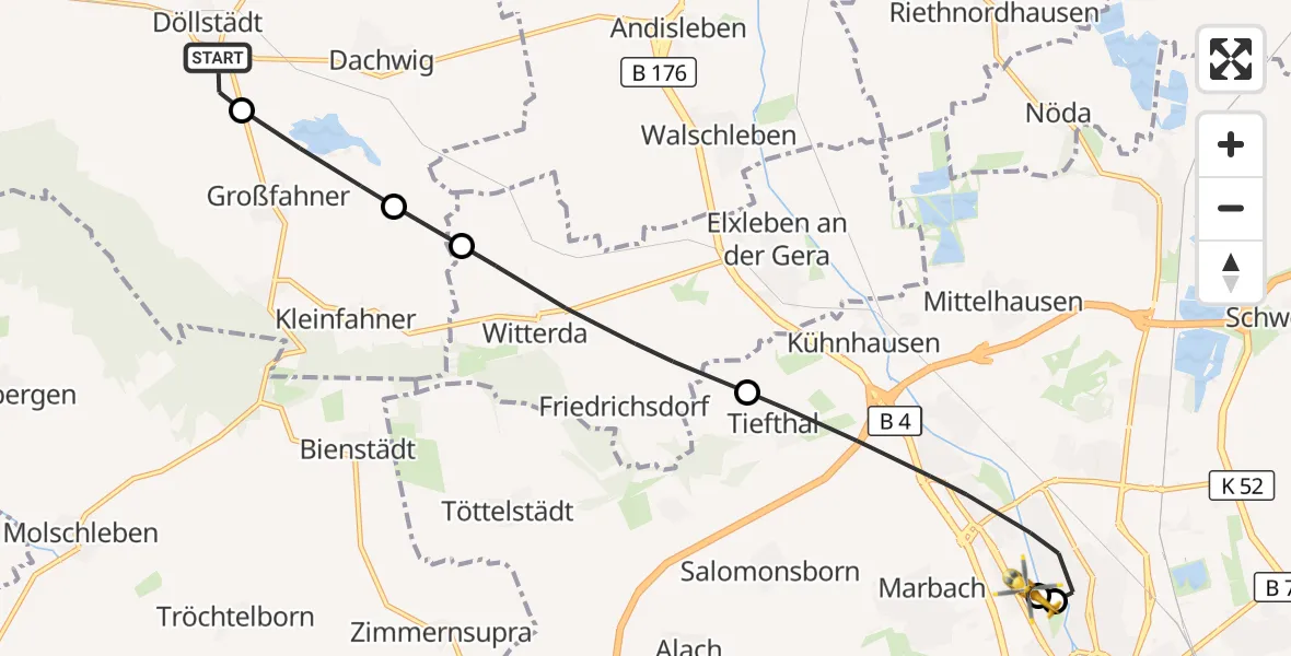 Flugroute Ambulanzhubschrauber Döllstädt - Helios Clinic Erfurt, 08 Juli 2026, 16:21