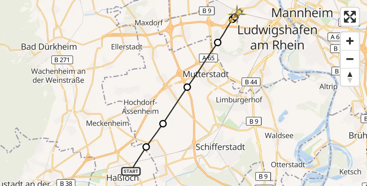 Flugroute Rettungshubschrauber Haßloch - Ludwigshafen Accident Hospital, 08 Juli 2026, 16:22