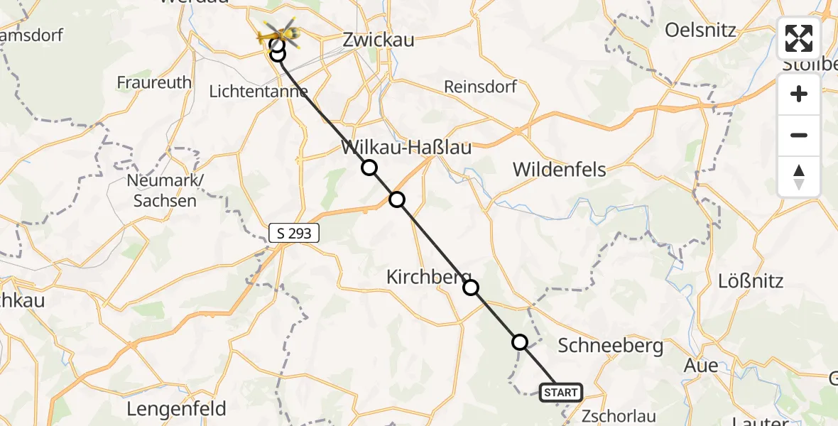 Flugroute Rettungshubschrauber Schneeberg - ADAC Air Rescue Station Zwickau Hubschrauberlandeplatz, 08 Juli 2026, 16:27