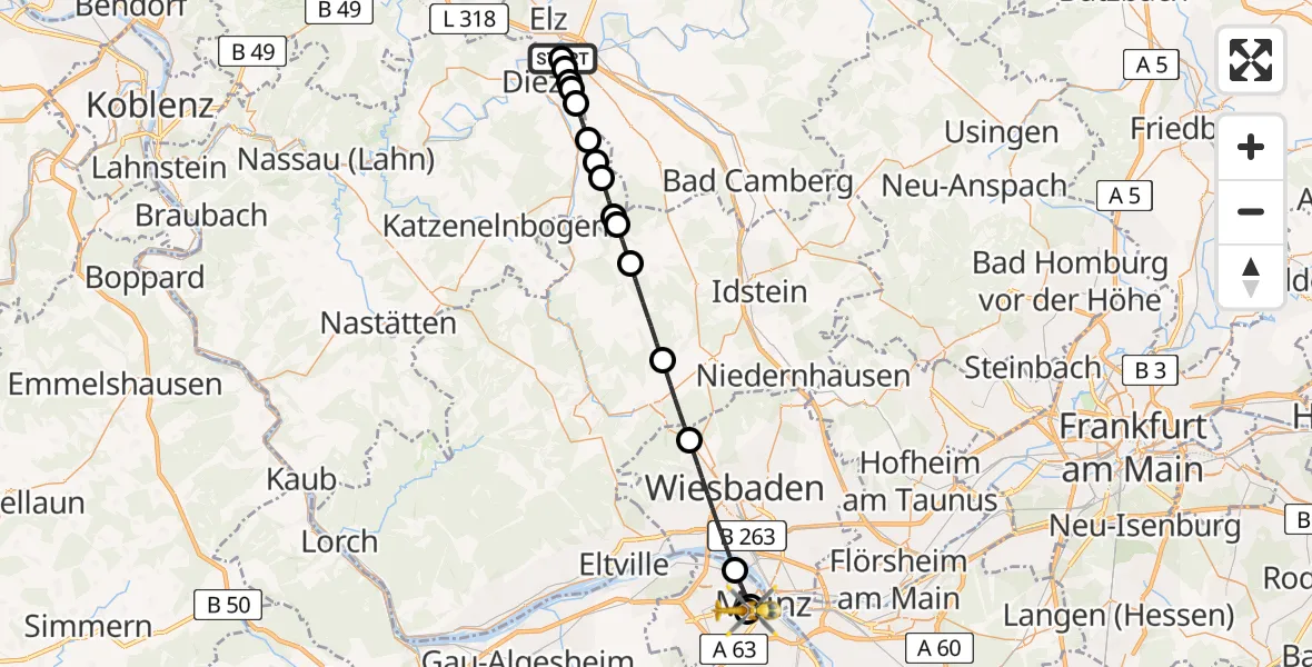 Flugroute Rettungshubschrauber Saint Vincent Hospital Limburg - Mainz University Hospital, 08 Juli 2026, 16:30