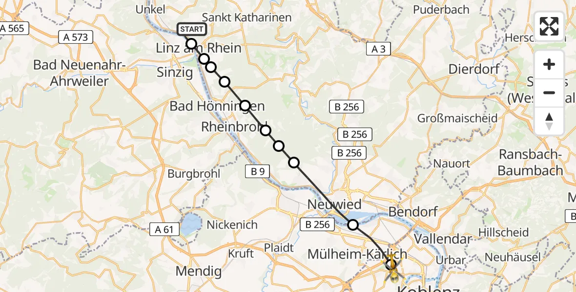 Flugroute Rettungshubschrauber Kasbach-Ohlenberg - Koblenz, 08 Juli 2026, 16:32