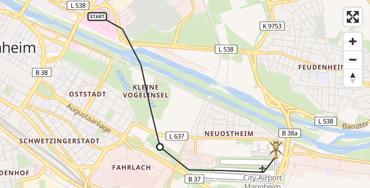 Flugroute Rettungshubschrauber Mannheim - Mannheim-City Flughafen, 08 Juli 2026, 16:33