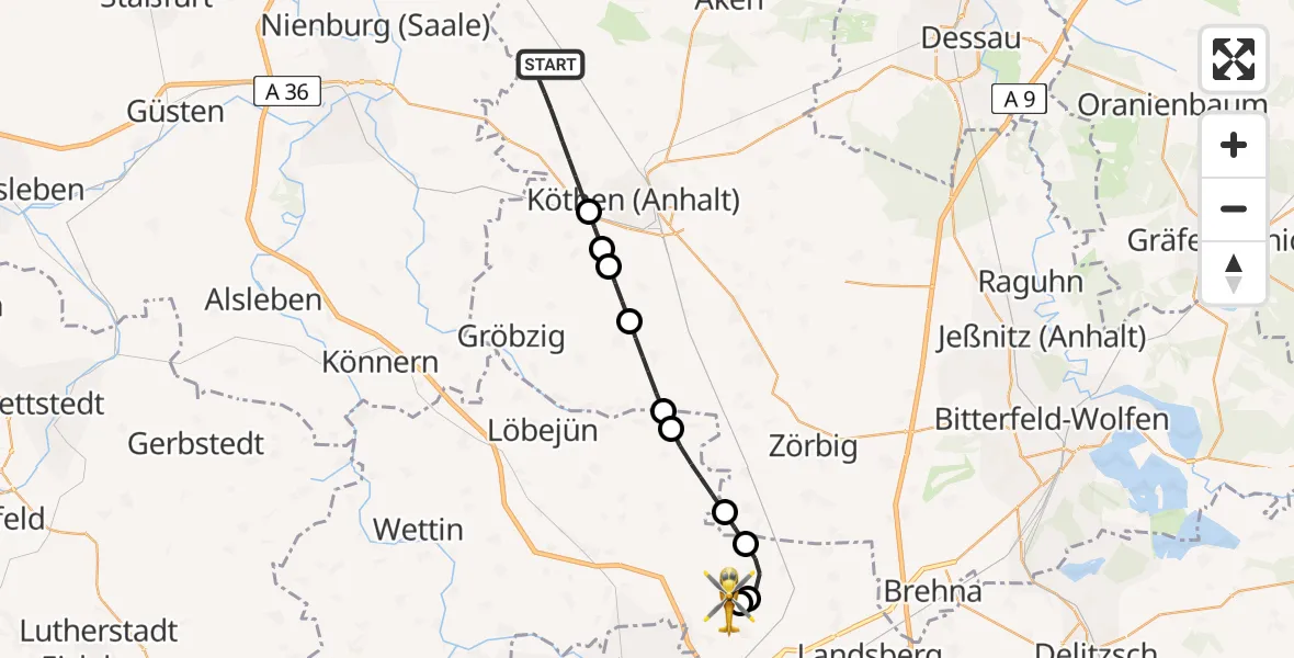 Flugroute Rettungshubschrauber Osternienburger Land - Halle-Oppin Flugplatz, 08 Juli 2026, 16:33