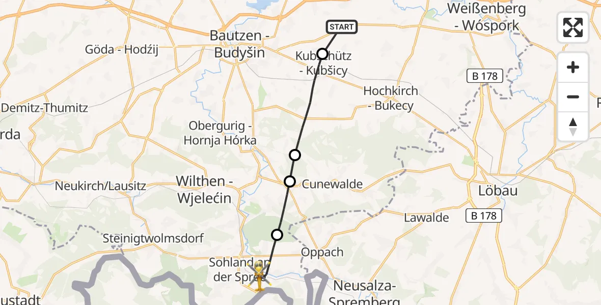 Flugroute Rettungshubschrauber Bautzen Flugplatz - Sohland a.d.Spree, 08 Juli 2026, 16:33