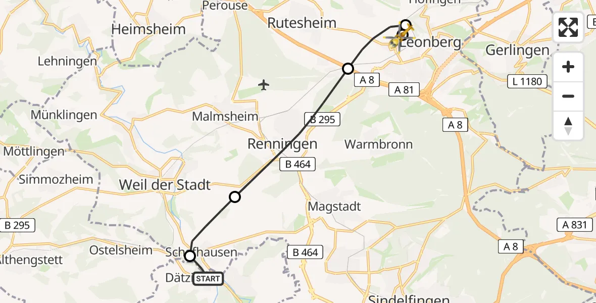 Flugroute Rettungshubschrauber Grafenau - Leonberg Hospital, 08 Juli 2026, 16:37