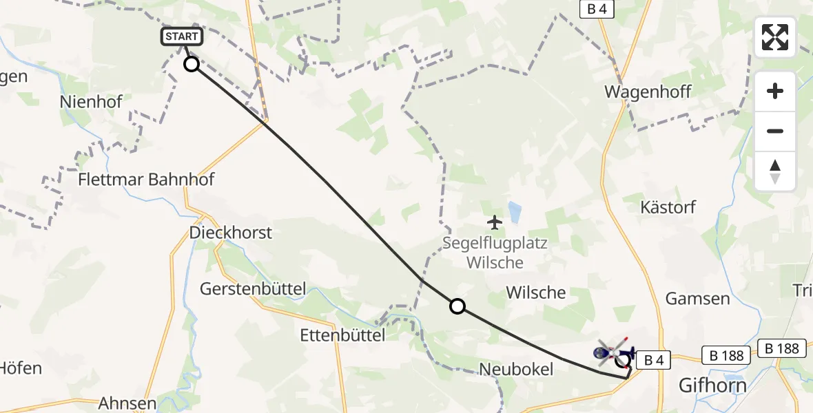 Flugroute Polizeihubschrauber Langlingen - Gifhorn Bundespolizei Hubschrauberlandeplatz, 08 Juli 2026, 16:38