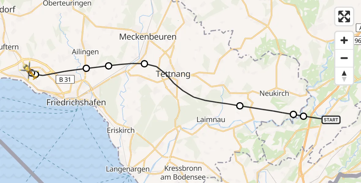 Flugroute Rettungshubschrauber Wangen im Allgäu - Friedrichshafen Hospital, 08 Juli 2026, 16:39
