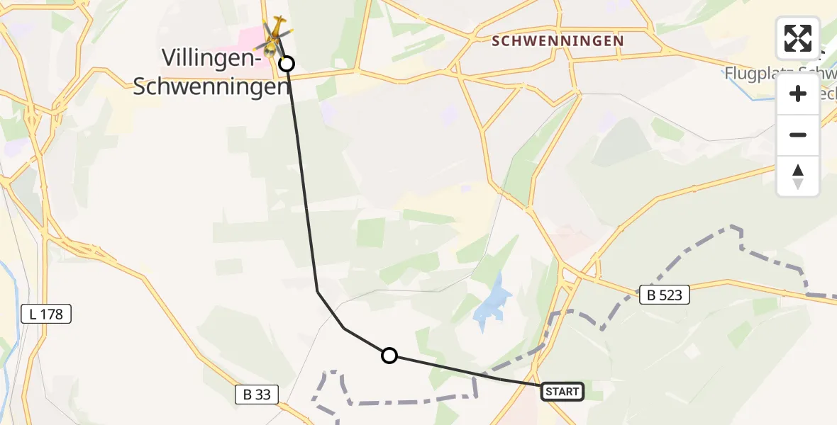 Flugroute Ambulanzhubschrauber Bad Dürrheim - DRF Air Rescue Station Villingen-Schwenningen Hubschrauberlandeplatz (Christoph 11), 08 Juli 2026, 16:40