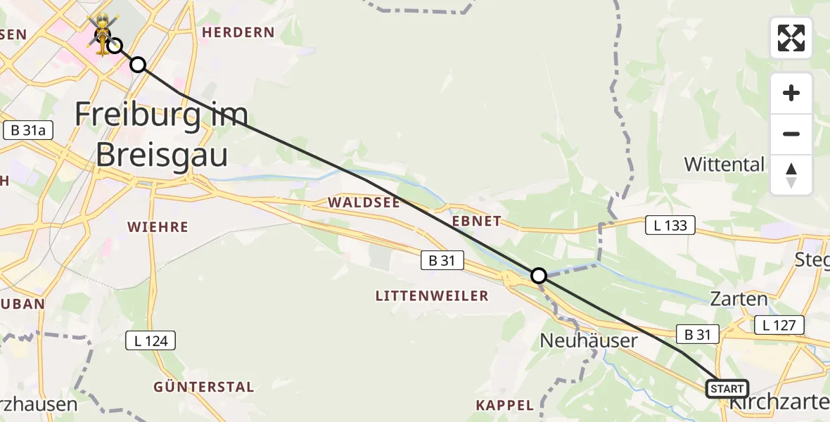 Flugroute Rettungshubschrauber Kirchzarten - Freiburg University Hospital Heliport 1, 08 Juli 2026, 16:41