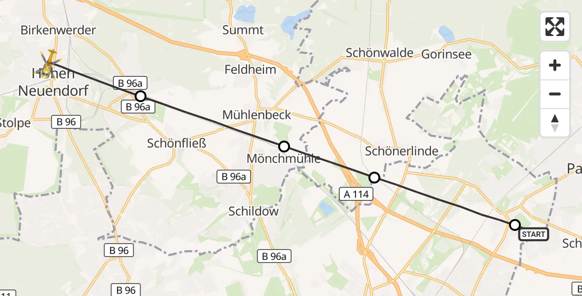 Flugroute Rettungshubschrauber Helios Clinic Berlin-Buch - Hohen Neuendorf, 08 Juli 2026, 16:42
