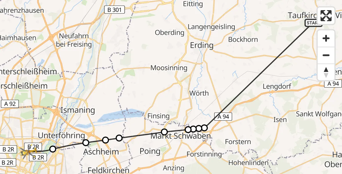 Flugroute Rettungshubschrauber Taufkirchen (Vils) - München, 08 Juli 2026, 16:47