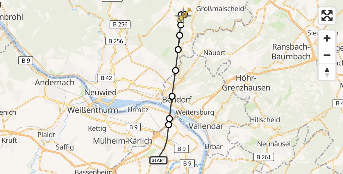 Flugroute Rettungshubschrauber Koblenz - Thalhausen, 08 Juli 2026, 16:51