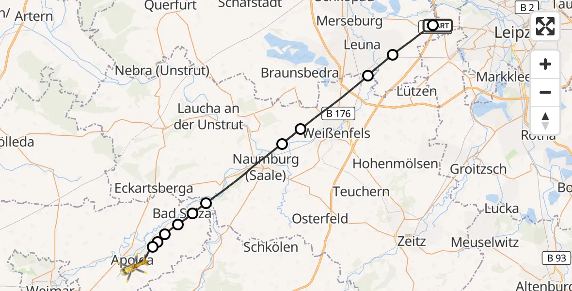 Flugroute Rettungshubschrauber ADAC Air Rescue Station Leipzig/Schkeuditz-Dölzig Hubschrauberlandeplatz (Christoph 61) - Robert Koch Krankenhaus Hubschrauberlandeplatz, 08 Juli 2026, 17:01