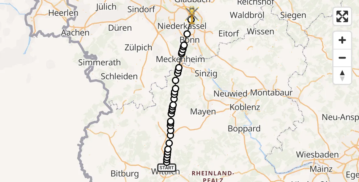 Flugroute Ambulanzhubschrauber Wittlich - Köln Bonn Flughafen, 08 Juli 2026, 17:02