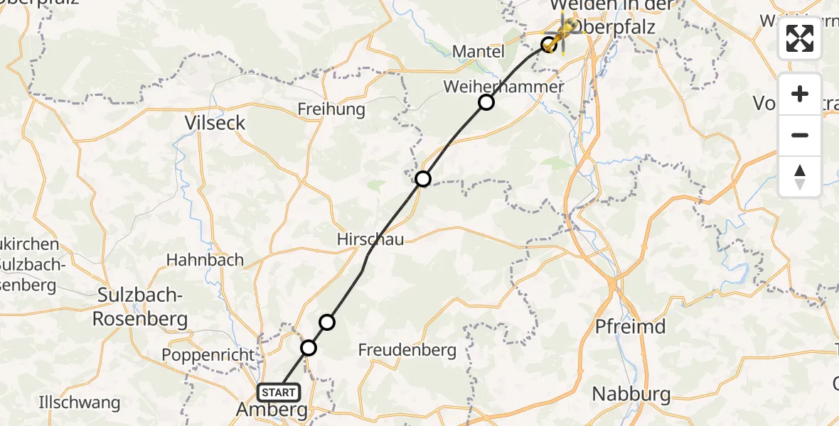 Flugroute Ambulanzhubschrauber Amberg - Weiden i.d.OPf., 08 Juli 2026, 17:02