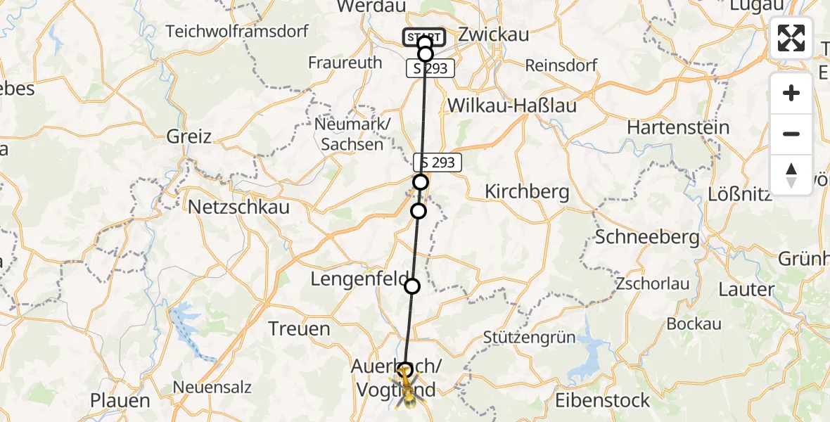 Flugroute Rettungshubschrauber ADAC Air Rescue Station Zwickau Hubschrauberlandeplatz - Auerbach/Vogtl., 08 Juli 2026, 17:03