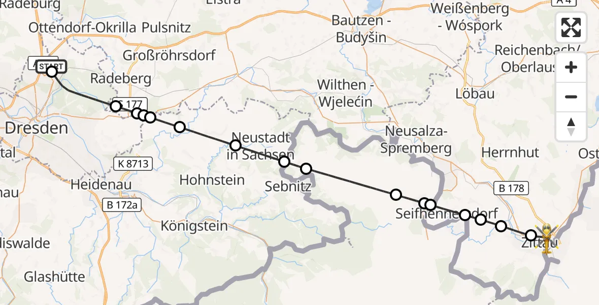 Flugroute Rettungshubschrauber Dresden Flughafen - Zittau, 08 Juli 2026, 17:04