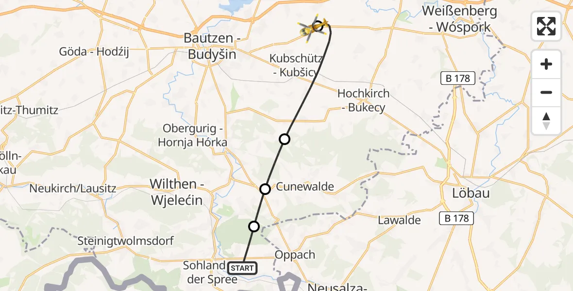 Flugroute Rettungshubschrauber Sohland a.d.Spree - Bautzen Flugplatz, 08 Juli 2026, 17:05