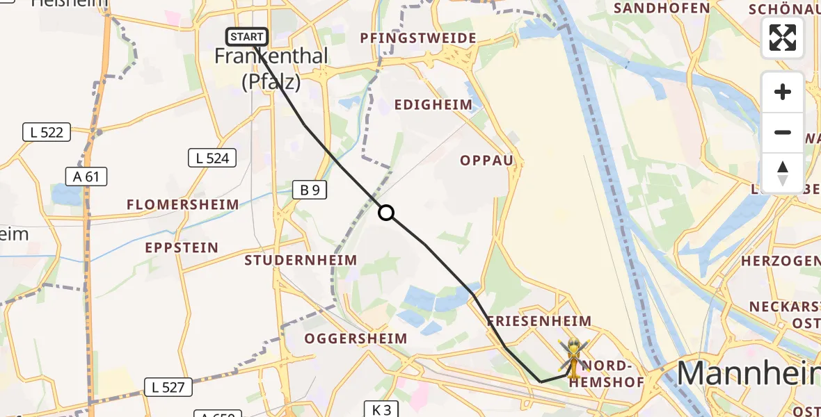 Flugroute Rettungshubschrauber Frankenthal (Pfalz) - Ludwigshafen am Rhein, 08 Juli 2026, 17:07