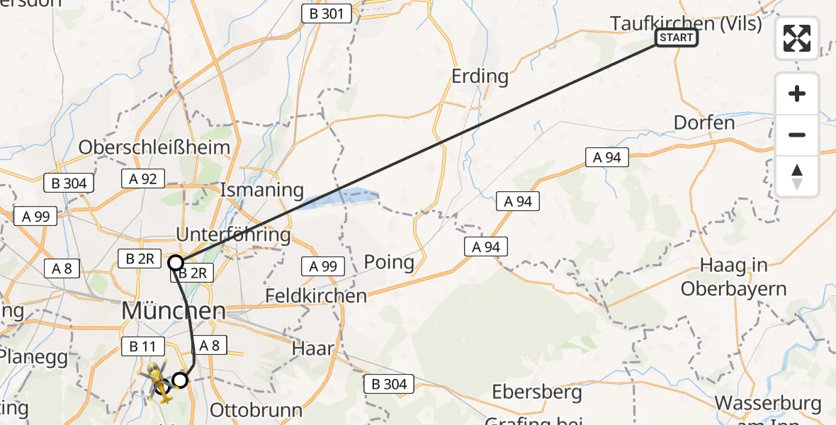 Flugroute Rettungshubschrauber Taufkirchen (Vils) - ADAC Air Rescue Center Hubschrauberlandeplatz (Christoph 1), 08 Juli 2026, 17:09