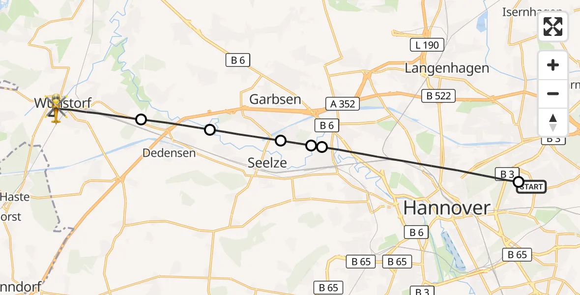 Flugroute Rettungshubschrauber Hannover Luftrettung Hubschrauberlandeplatz (Christoph 4) - Wunstorf, 08 Juli 2026, 17:09