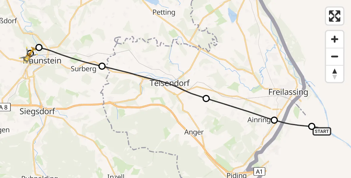 Flugroute Rettungshubschrauber Dachlandeplatz Heliport - Traunstein Hospital, 08 Juli 2026, 17:11
