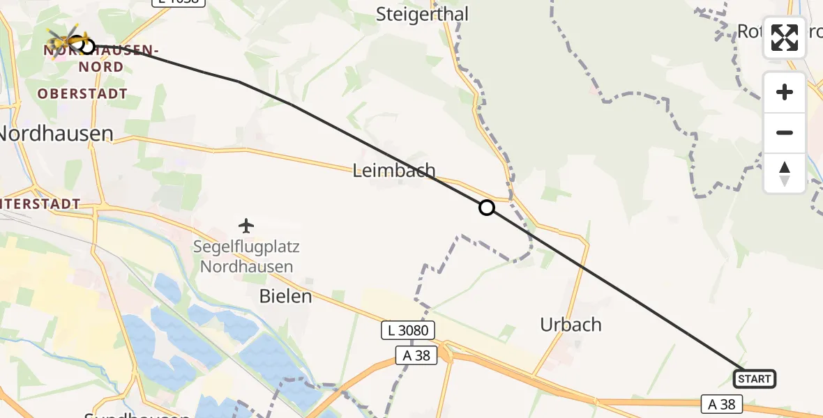 Flugroute Rettungshubschrauber Urbach - Südharz Hospital Nordhausen, 08 Juli 2026, 17:11