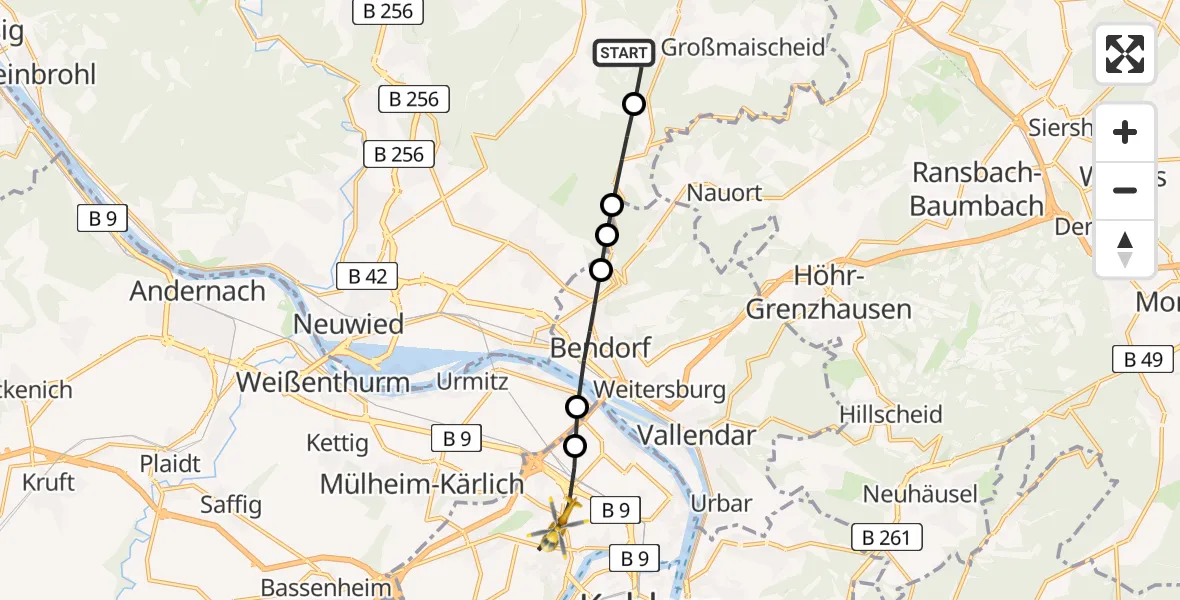 Flugroute Rettungshubschrauber Thalhausen - Koblenz, 08 Juli 2026, 17:16