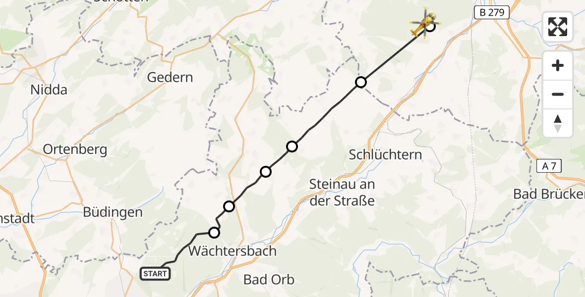 Flugroute Rettungshubschrauber Gründau - Neuhof, 08 Juli 2026, 17:22