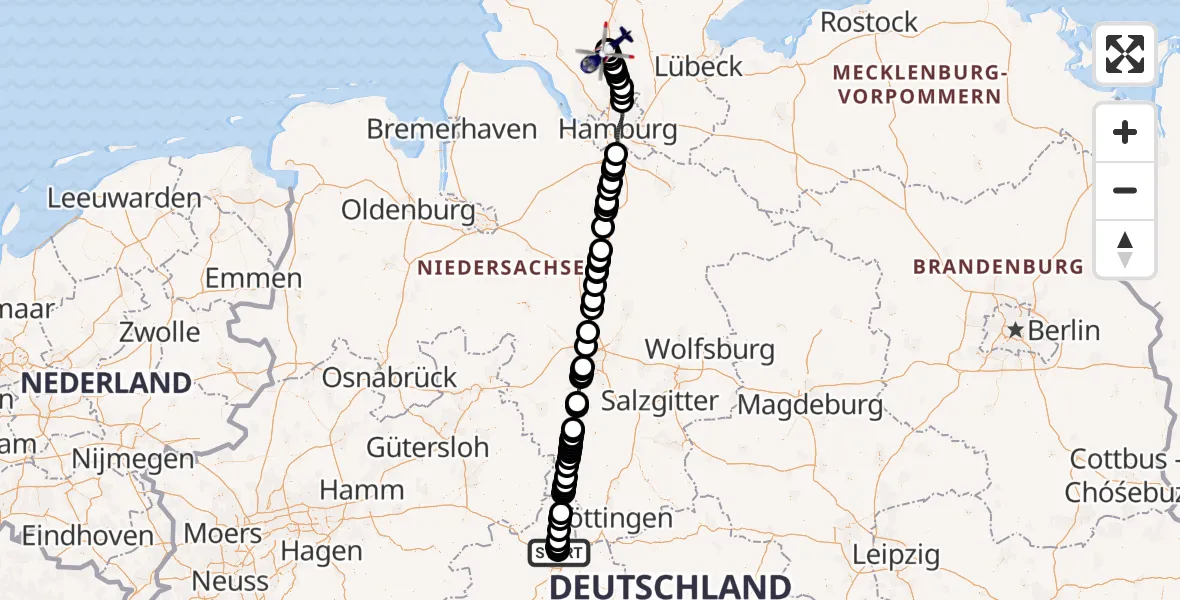 Flugroute Polizeihubschrauber Fuldatal Bundespolizei Hubschrauberlandeplatz - Bad Bramstedt Hubschrauberlandeplatz, 08 Juli 2026, 17:34
