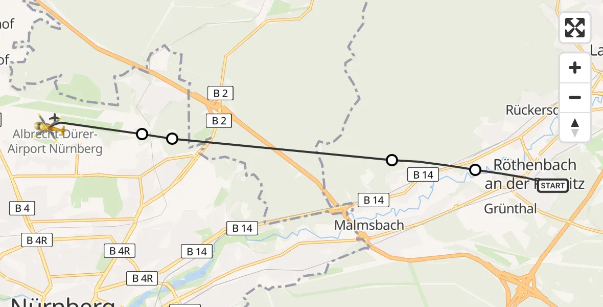 Flugroute Ambulanzhubschrauber Röthenbach a.d.Pegnitz - Flughafen Nuremberg, 08 Juli 2026, 17:38