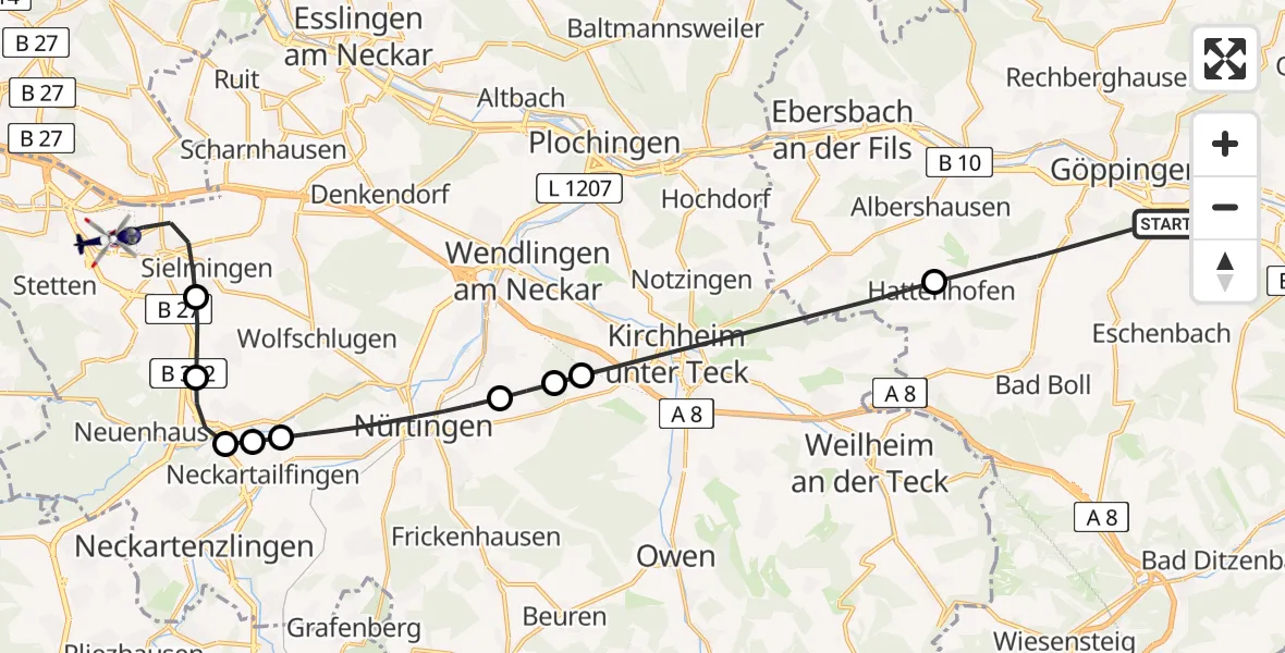 Flugroute Polizeihubschrauber Göppingen - Flughafen Stuttgart, 08 Juli 2026, 17:38