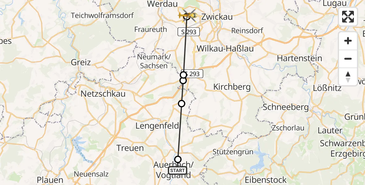 Flugroute Rettungshubschrauber Auerbach/Vogtl. - ADAC Air Rescue Station Zwickau Hubschrauberlandeplatz, 08 Juli 2026, 17:39