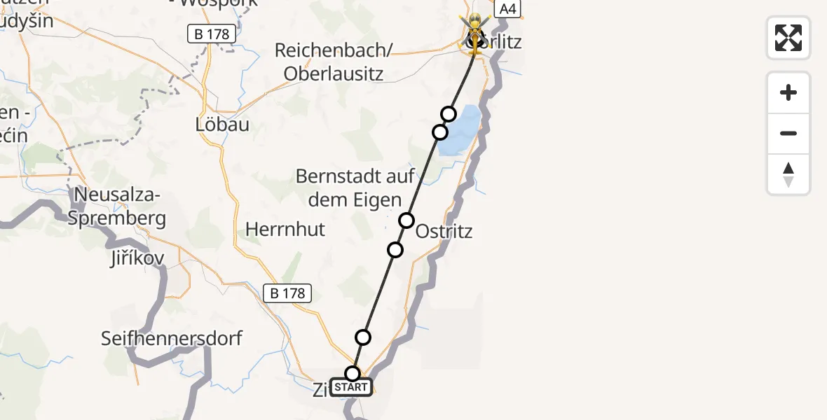 Flugroute Rettungshubschrauber Zittau - Görlitz Hospital, 08 Juli 2026, 17:48