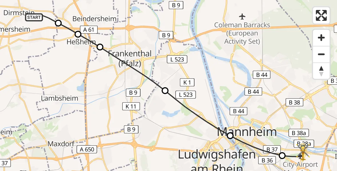 Flugroute Rettungshubschrauber Dirmstein - Mannheim-City Flughafen, 08 Juli 2026, 17:51