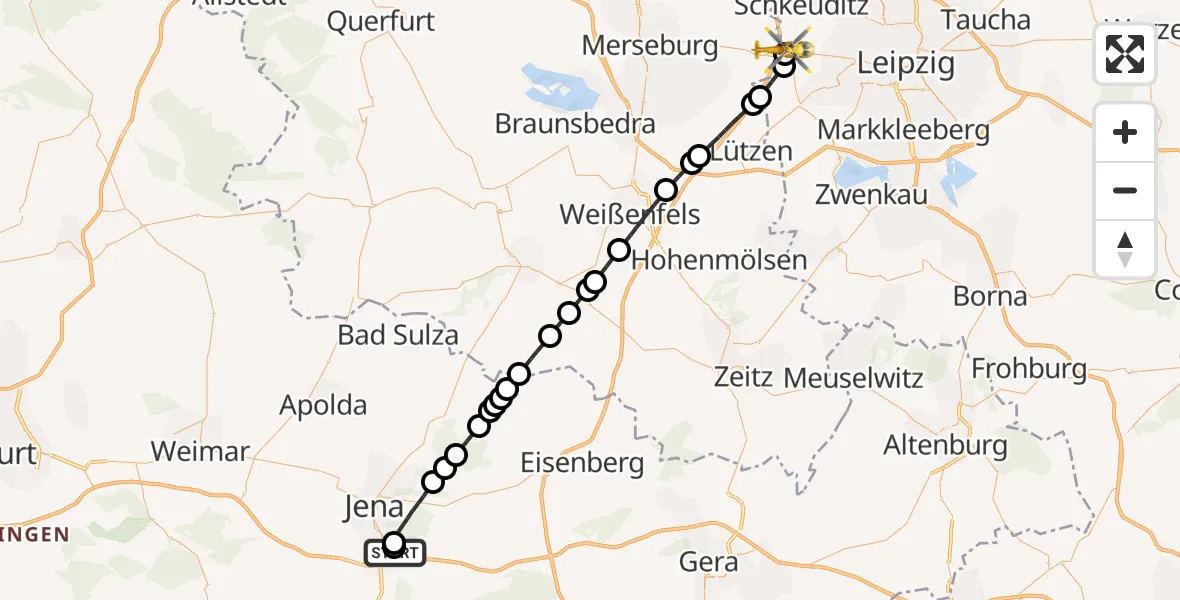 Flugroute Rettungshubschrauber Jena University Hospital - ADAC Air Rescue Station Leipzig/Schkeuditz-Dölzig Hubschrauberlandeplatz (Christoph 61), 08 Juli 2026, 18:03