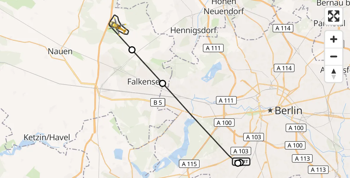 Flugroute Rettungshubschrauber Charité Clinic Benjamin Franklin Campus - Schönwalde-Glien, 08 Juli 2026, 18:07