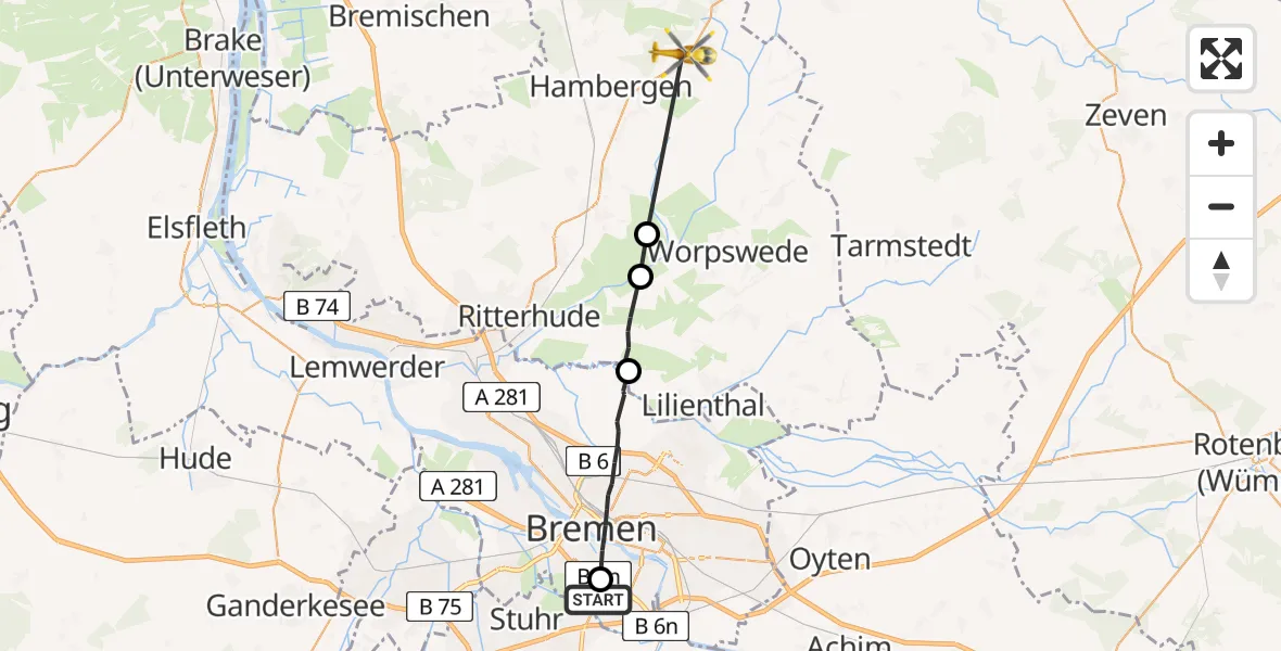 Flugroute Rettungshubschrauber ADAC Air Rescue Station Bremen Hubschrauberlandeplatz (Christoph 6) - Vollersode, 08 Juli 2026, 18:09