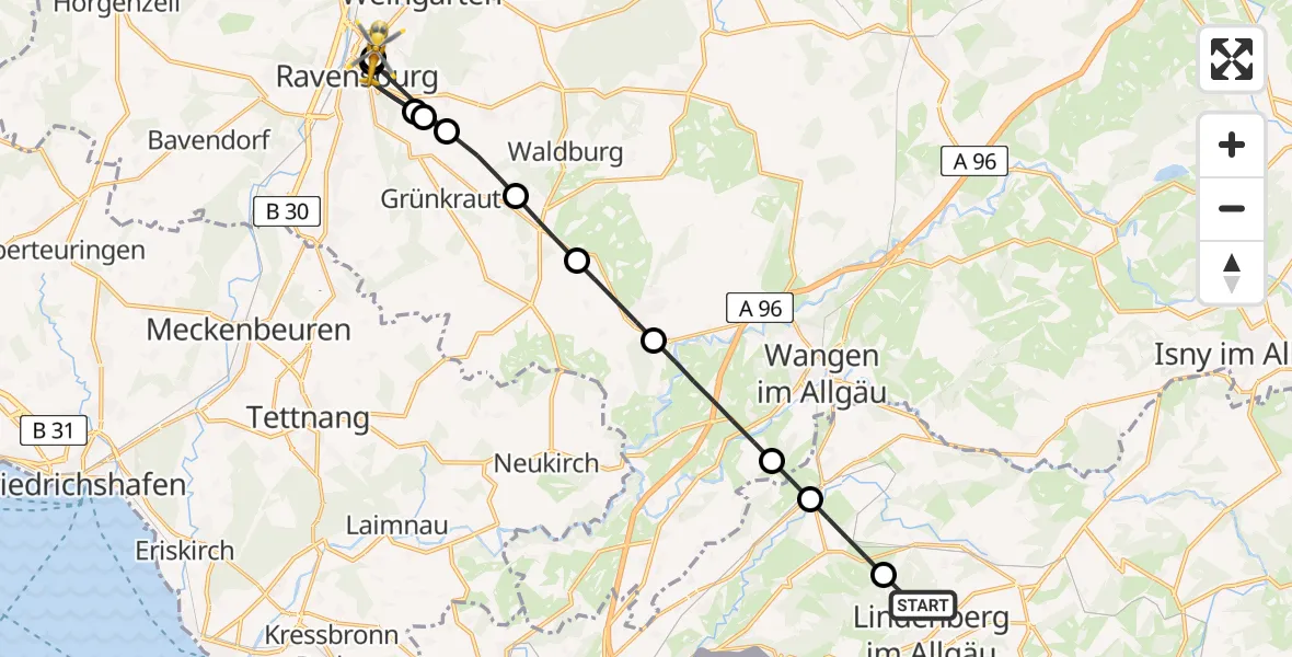 Flugroute Rettungshubschrauber Lindenberg i.Allgäu - Sankt Elisabeth Hospital, 08 Juli 2026, 18:16