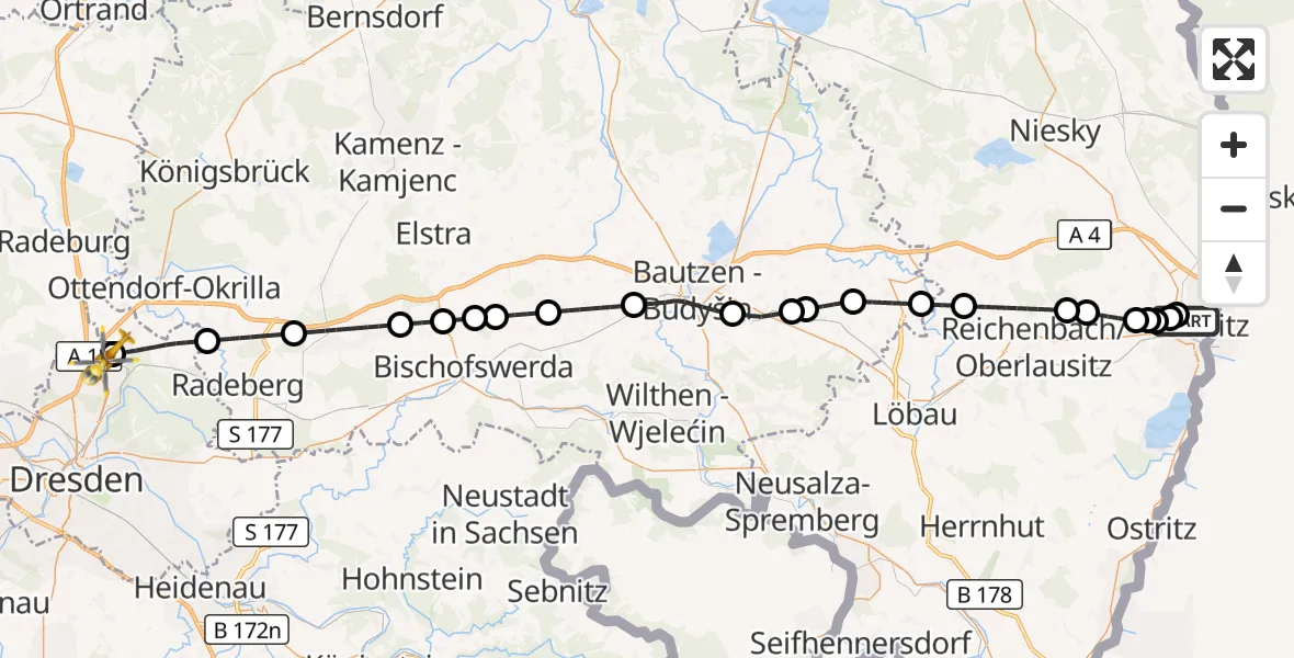 Flugroute Rettungshubschrauber Görlitz Hospital - Dresden Bundespolizei Hubschrauberlandeplatz, 08 Juli 2026, 18:21