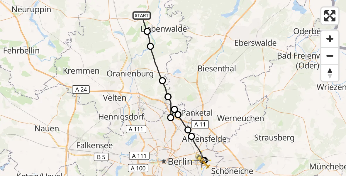 Flugroute Rettungshubschrauber Löwenberger Land - Berlin Emergency Hospital, 08 Juli 2026, 18:31