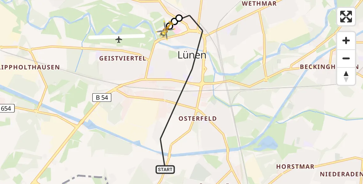 Flugroute Rettungshubschrauber Lünen - Sankt Marien Hospital, 08 Juli 2026, 18:32
